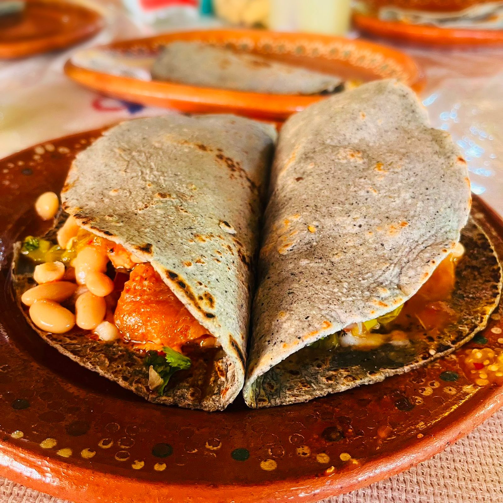 Griddled quesabirria tacos on a clay plate