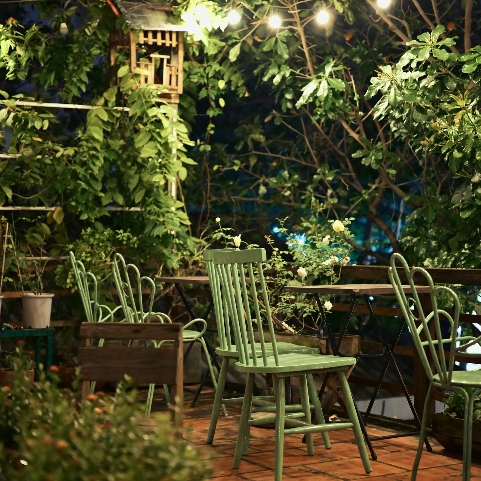 Outdoor patio with string lights at dusk